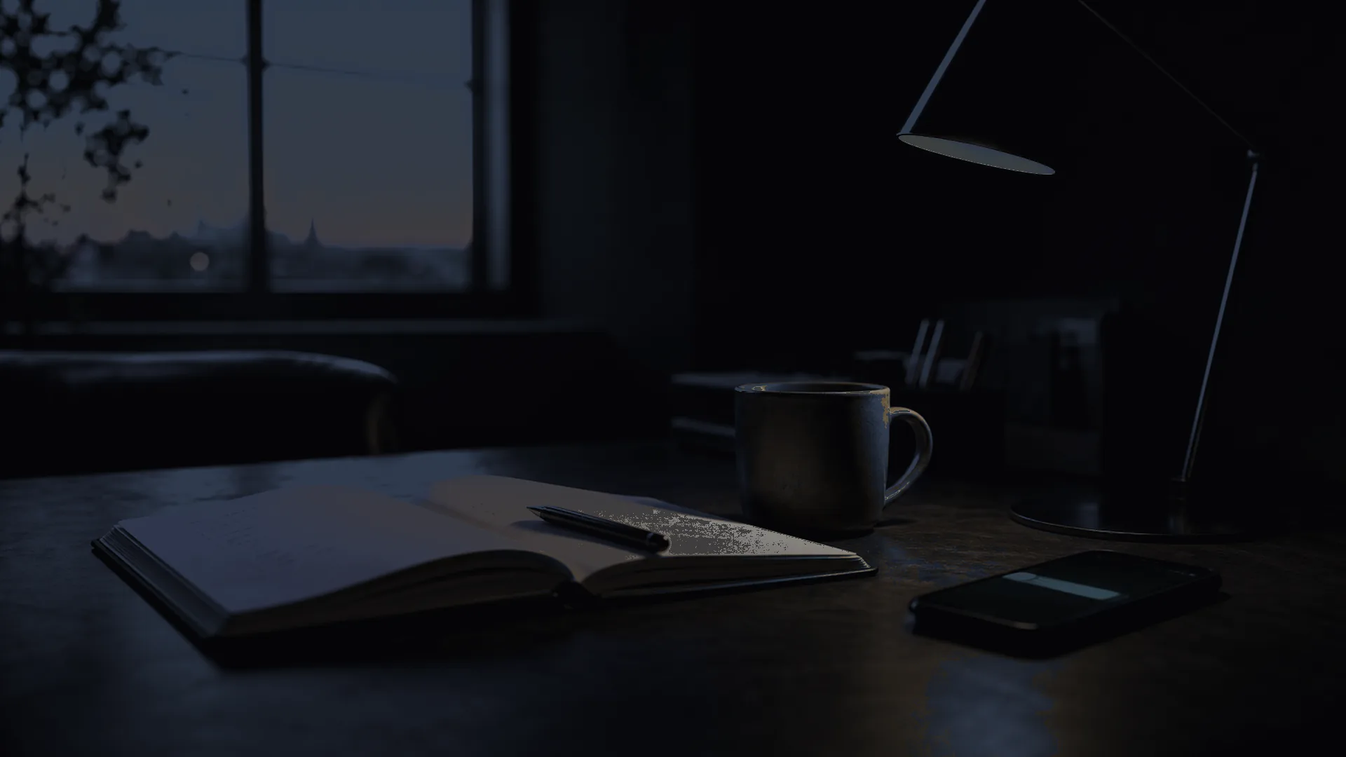 Dark workspace arranged around visible outcome notes and a working screen after the system is in motion.